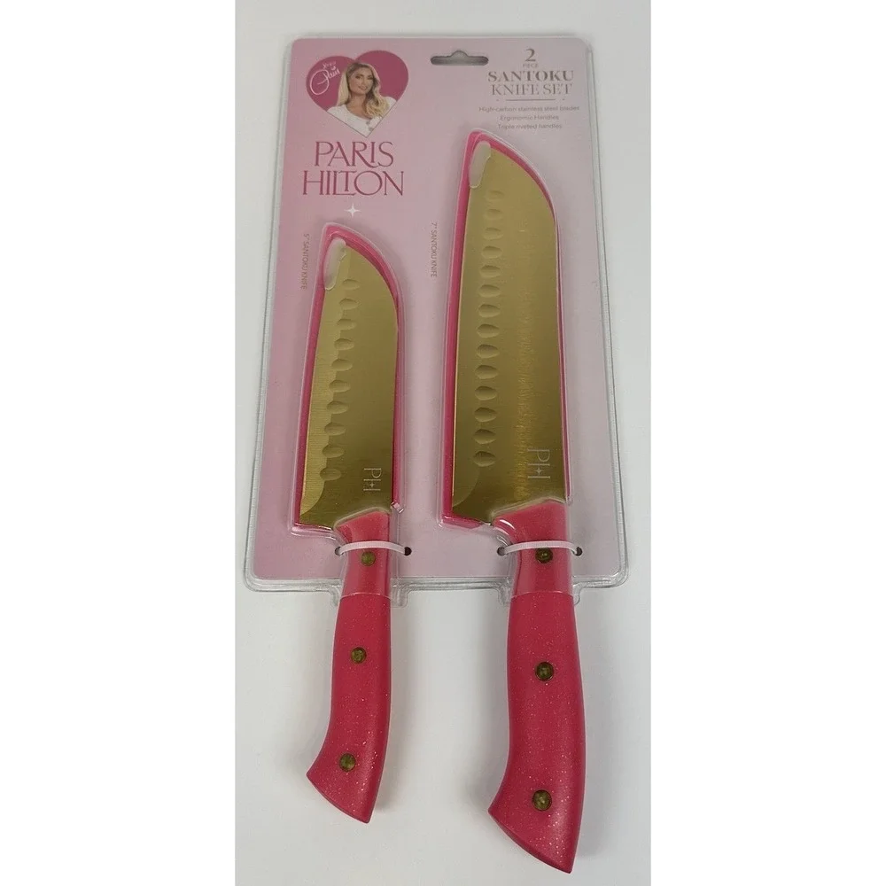 Paris Hilton Santoku Knife Set Pink Gold 2 Pc Stainless Steel Kitchen